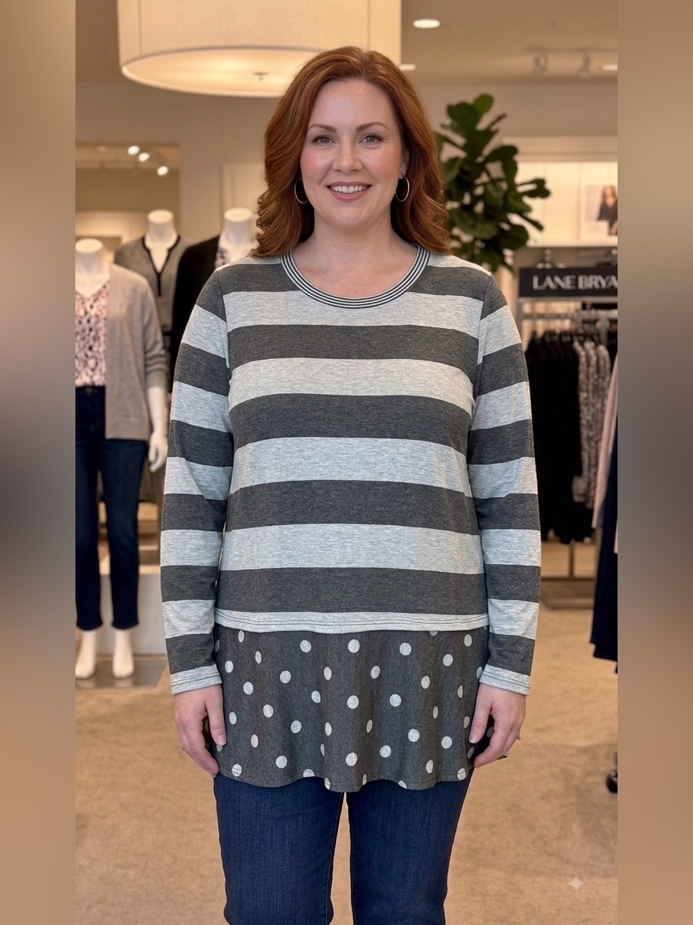 Casual Striped & Polka Dot Long-Sleeve Top in Gray